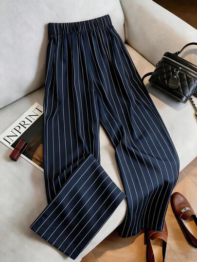 SHEIN Franclia Women's High Waist Navy Blue White Striped Pants, Autumn Business Casual Elegant Office, Elastic Waistband, Woven Side Panels Teachers' Day